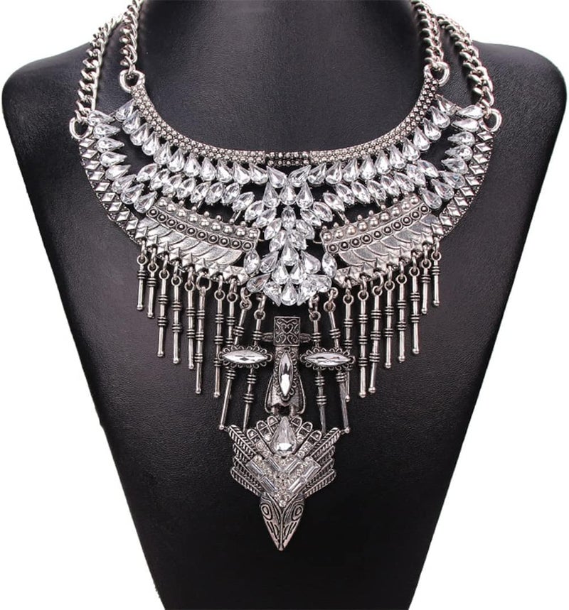 CCBFY Long Tassel Chunky Boho Coin Statement Necklace For Women Silver - Image 5